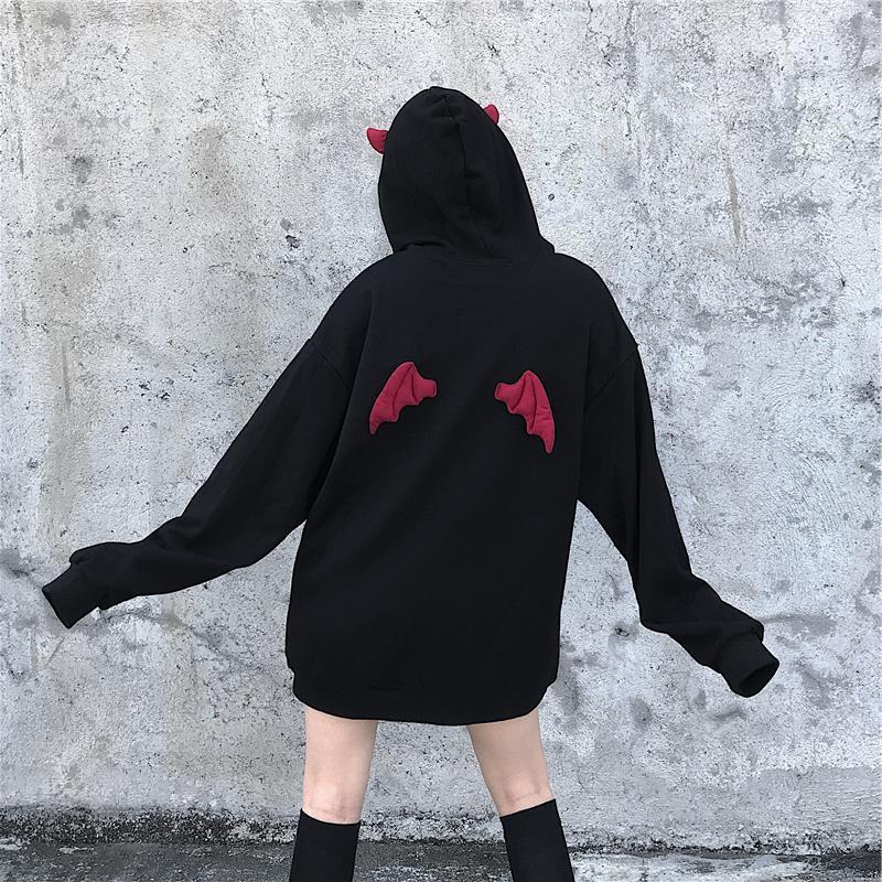 Dark Little Devil Wings Letter Embroidered Velvet Hoodie