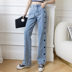 Trendy Women Hearts Embroidered High Waisted Wide Leg Jeans