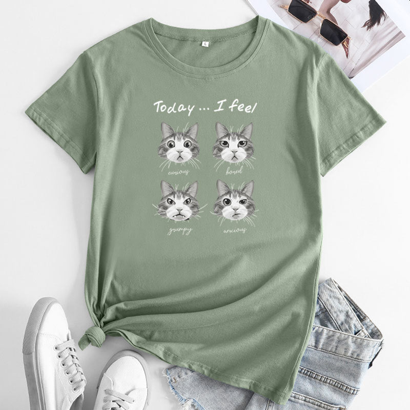 Women's Cat Mood Print Round Neck T-shirt