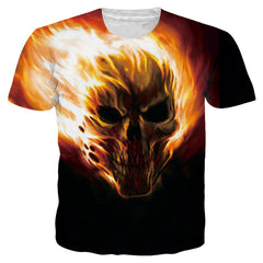 Men's Flame Skull Digital Printed Round Neck T-shirt