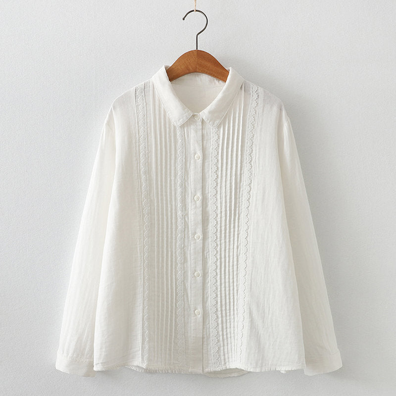 Mori Girls Pleated Lace Long-sleeved Double-layer Shirt