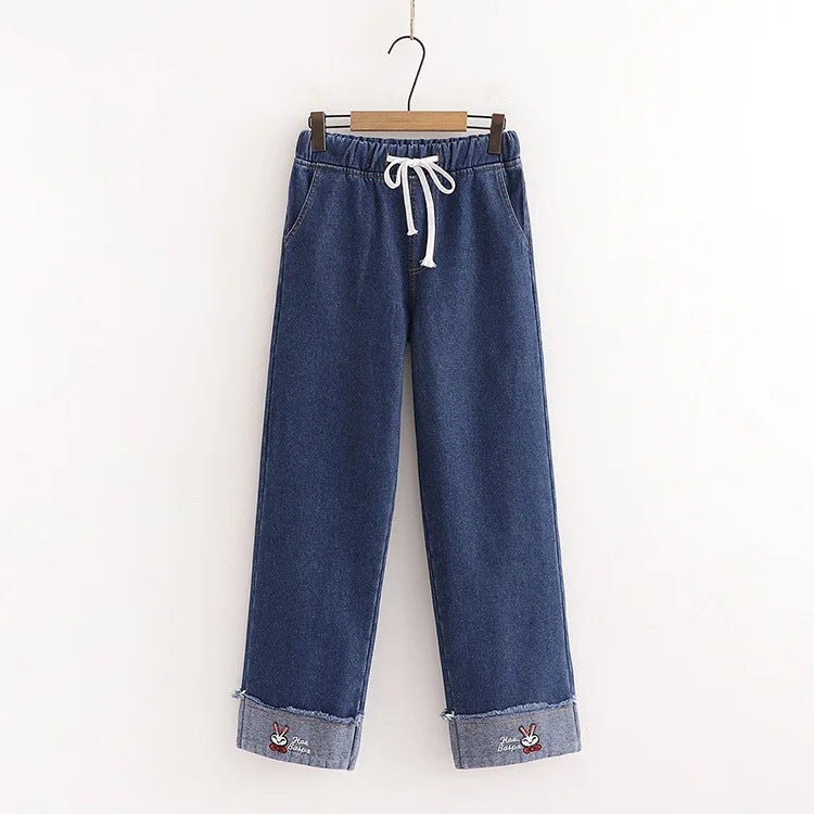 Kawaii Rabbit Embroidery Plush Thickened Wide Leg Jeans