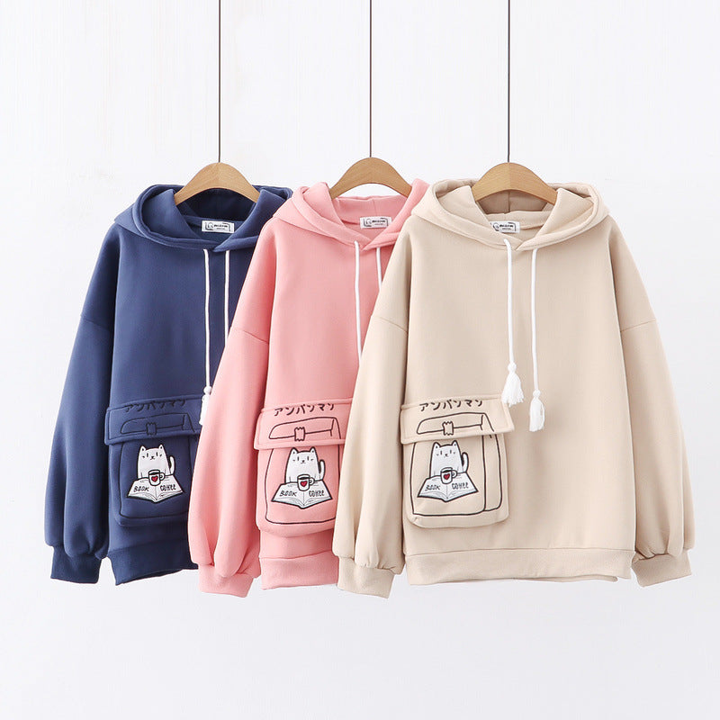 Cartoon Pocket Animal Embroidered Plush Hoodie