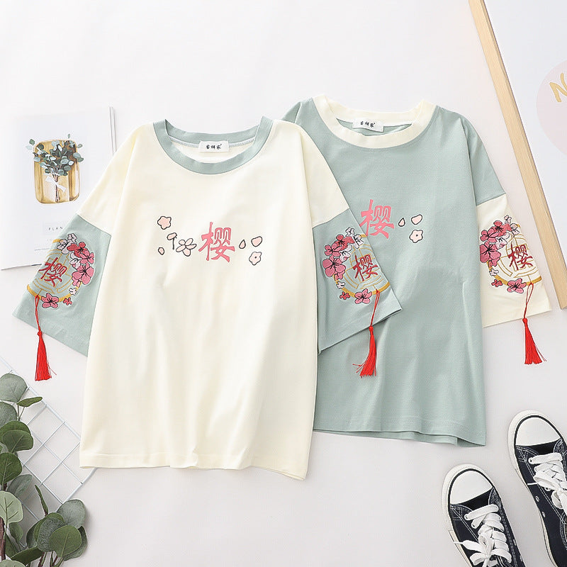 Japanese Style Cherry blossoms Embroidered T-shirt