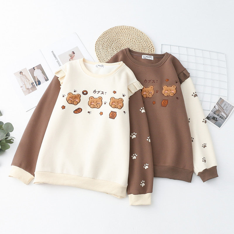 Japanese Mori Cartoon Bears Embroidery Velvet Round Neck Sweatshirt