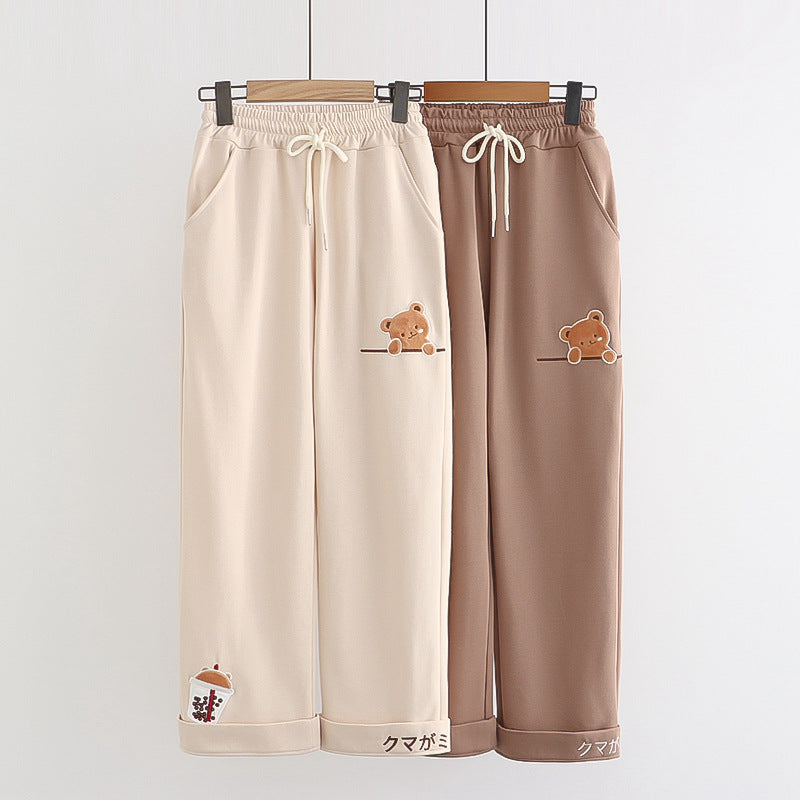 Kawaii Cartoon Milk Tea Bear Embroidered Leisure Pants