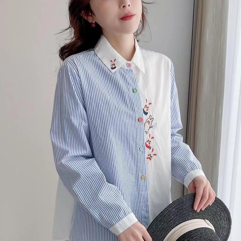 Versatile Women's Polo Collar Rabbit Embroidery Shirt