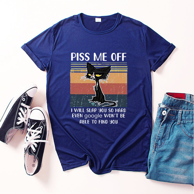 Casual Piss Me Off Black Cat Print Round Neck T-shirt