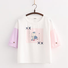 Japanese Style Cartoon Color Block Scooter Bear Print T-shirt