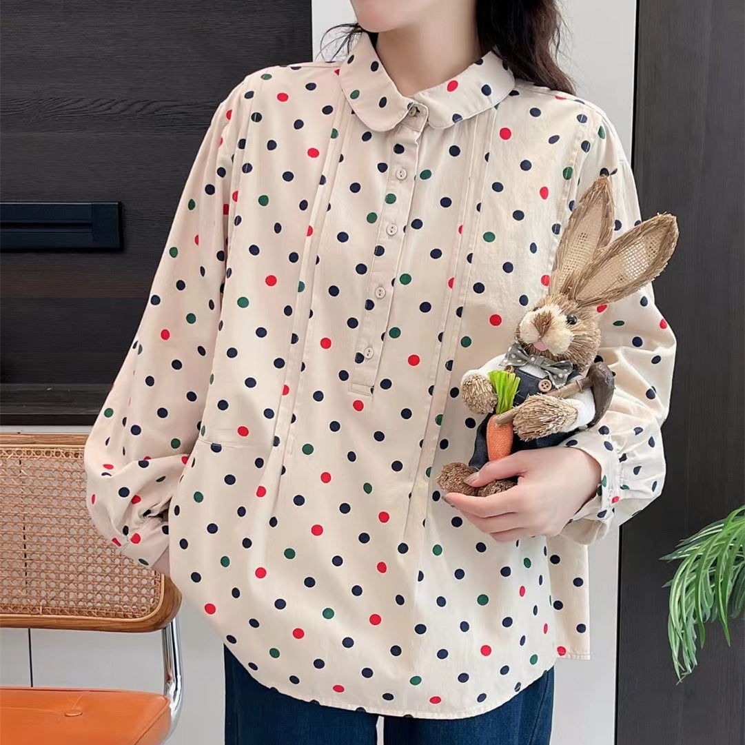 Japanese Style Polka Dot Print Loose Doll Collar Pullover Shirt