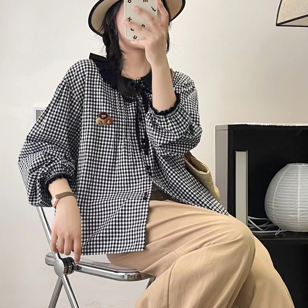 Women's Retro Doll Collar Loose Plaid Shirt