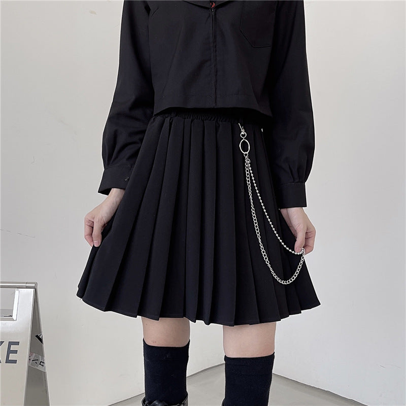 Korean Style Retro Pleated Women's Half Skirt with Chain