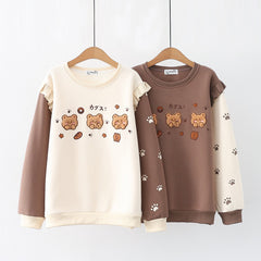 Japanese Mori Cartoon Bears Embroidery Velvet Round Neck Sweatshirt