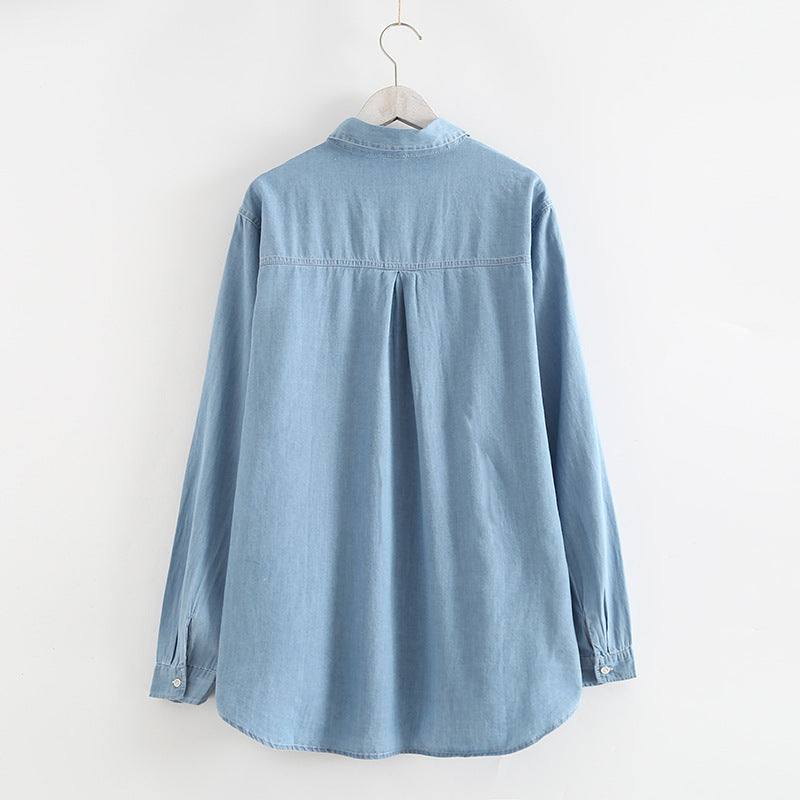 Japanese Style Carrot Embroidery Lapel Denim Shirt