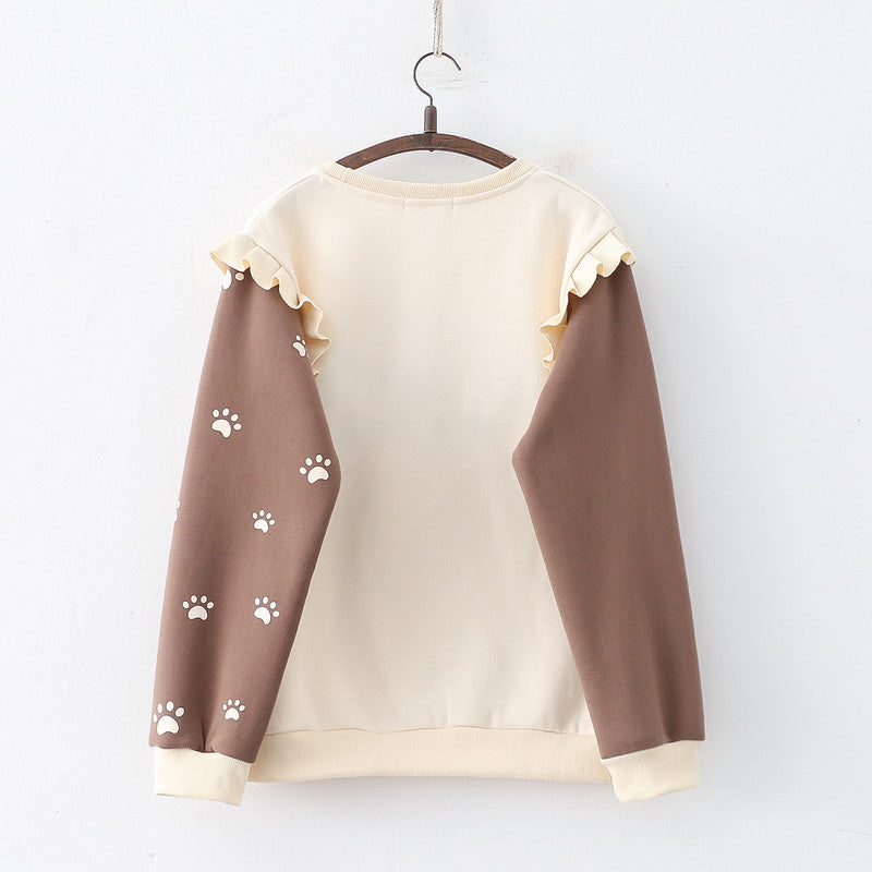 Japanese Mori Cartoon Bears Embroidery Velvet Round Neck Sweatshirt