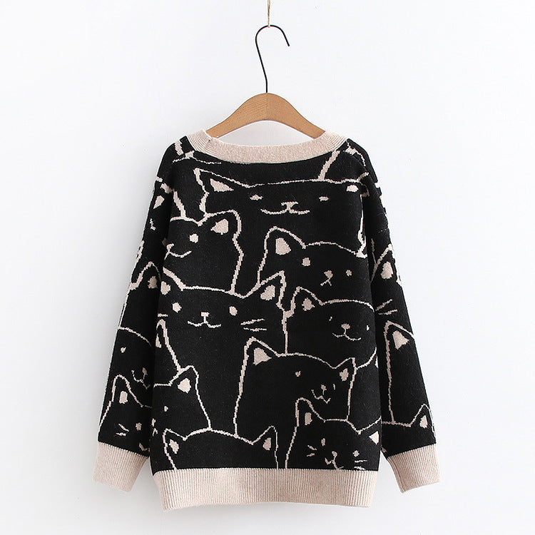 Cartoon Cat Jacquard Knit Cardigan Sweater