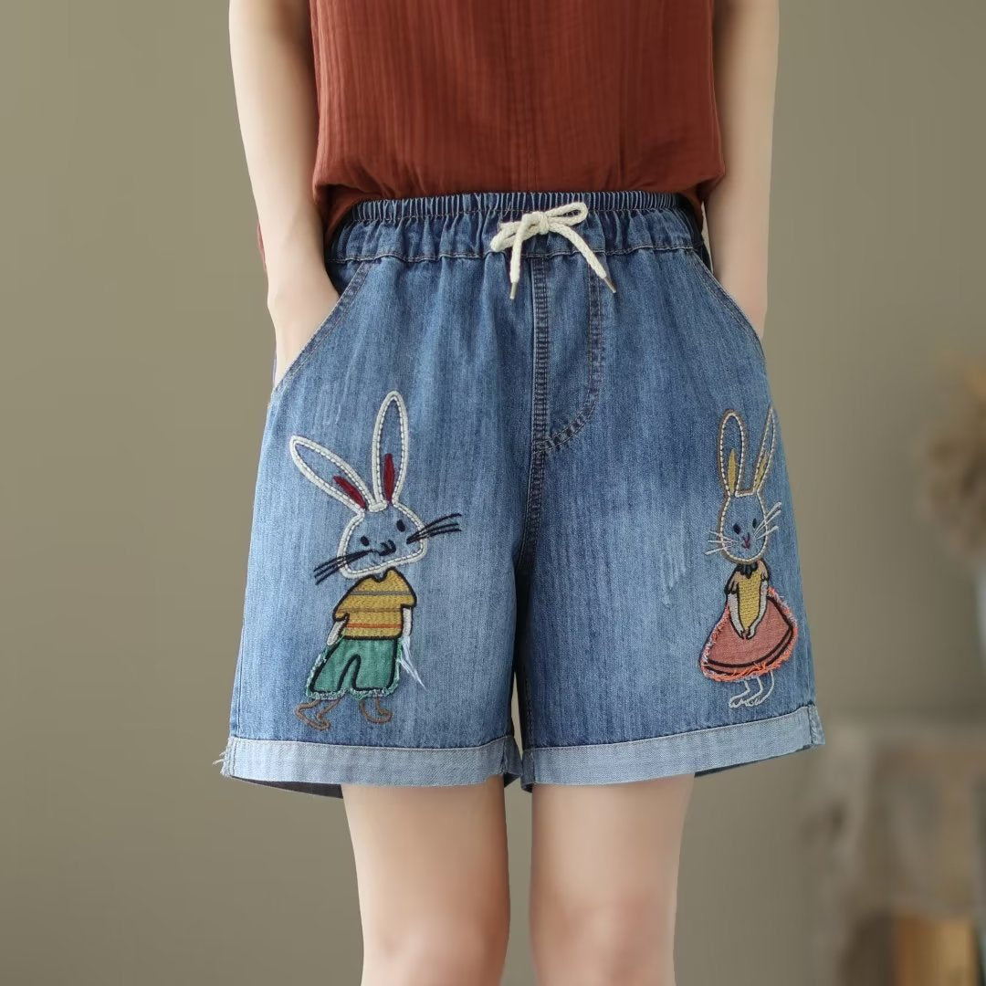 Retro Style Loose Floral Embroidered Denim Shorts