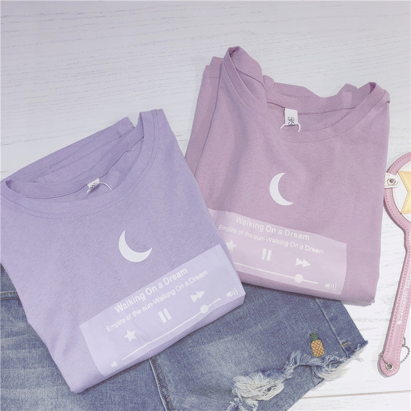 Artistic Moon Music Print Loose Short Sleeved T-shirt