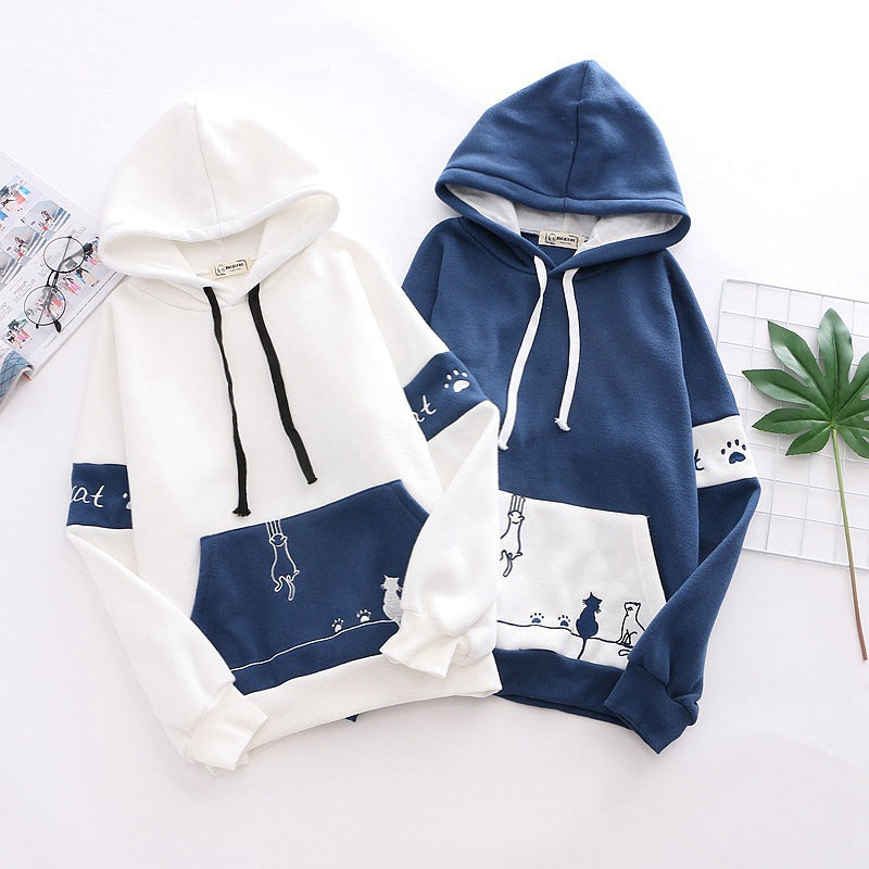 Kawaii Girls Pocket Cat Embroidery Velvet Hoodie