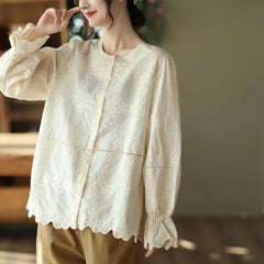 Floral Embroidery Women's Hollowed Out Lantern Sleeve Shirt