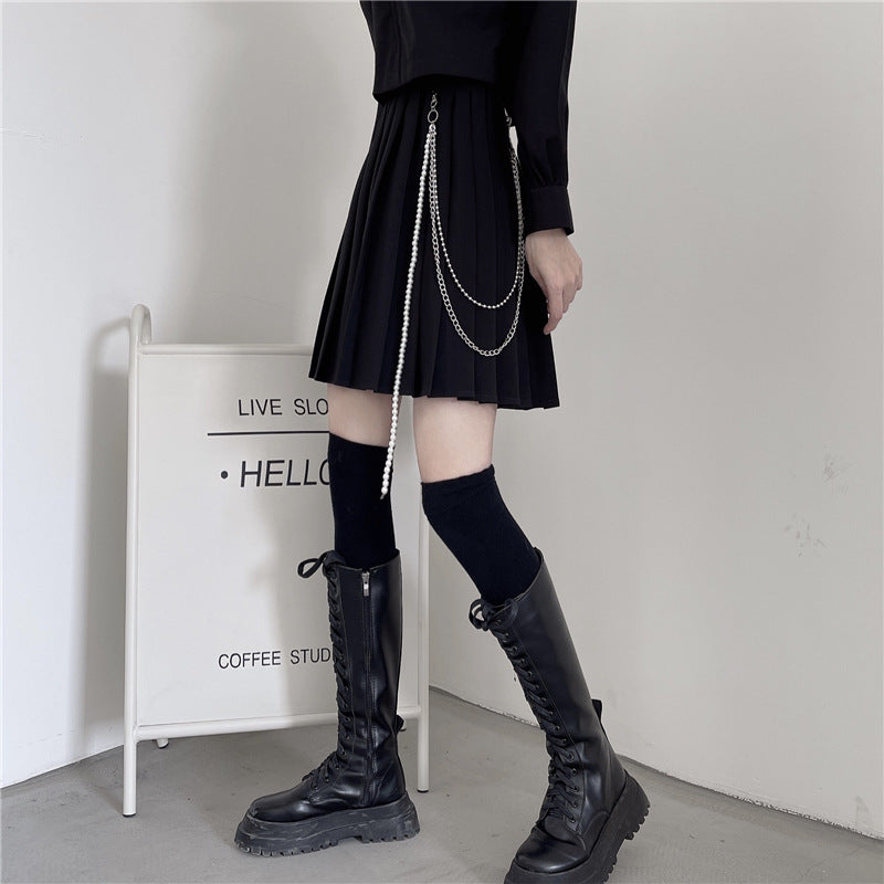 Korean Style Retro Pleated Women's Half Skirt with Chain