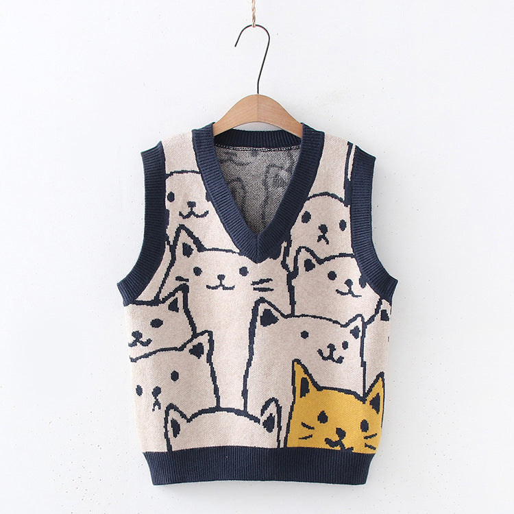 Women's Cartoon Cat Knitted Vest Shirt Two Piece Set