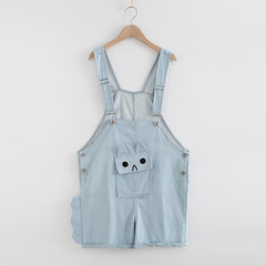 Cute Pocket Cat Embroidered Denim Overalls Shortalls