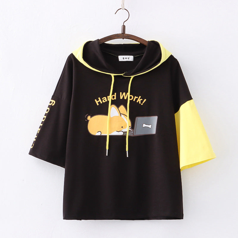 Girls Dog Hard Work Print Color Block Hooded T-shirt