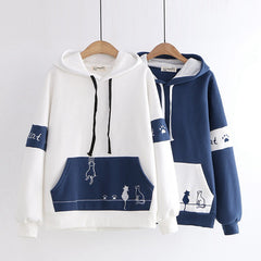 Kawaii Girls Pocket Cat Embroidery Velvet Hoodie