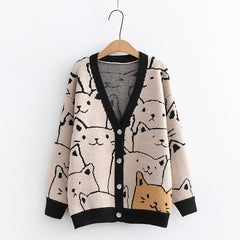 Cartoon Cat Jacquard Knit Cardigan Sweater