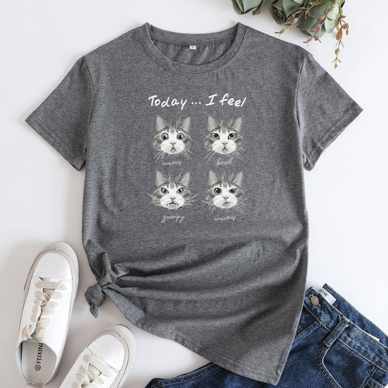 Women's Cat Mood Print Round Neck T-shirt