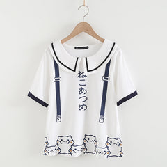 Cartoon Cats Print Fake Suspenders Short Sleeve T-shirt