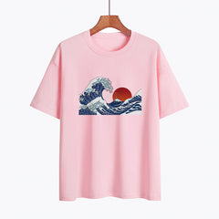 Japanese Style Waves Print Round Neck Loose T-shirt