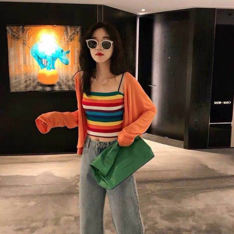 Hot Girls Rainbow Knitted Vest Sleeveless Inner Wear