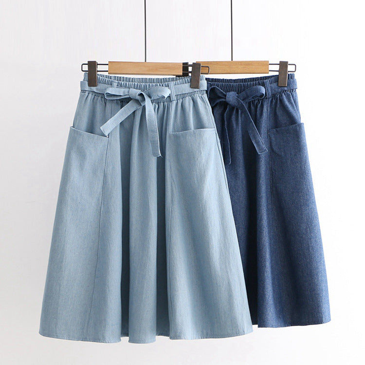 Summer Sweet Girls Denim Elastic Waist Mid Skirt