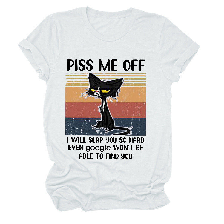 Casual Piss Me Off Black Cat Print Round Neck T-shirt