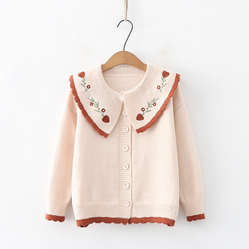 Women's Doll Collar Floral Embroidery Cardigan Sweater