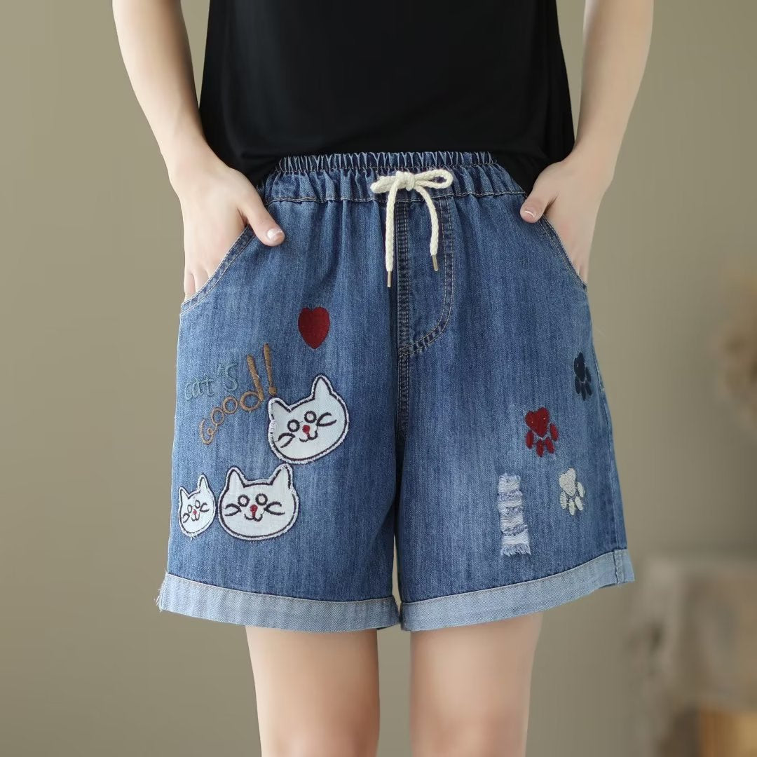 Retro Style Loose Floral Embroidered Denim Shorts