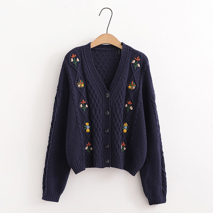 Flower Embroidery Knitted Cardigan Women's Sweater