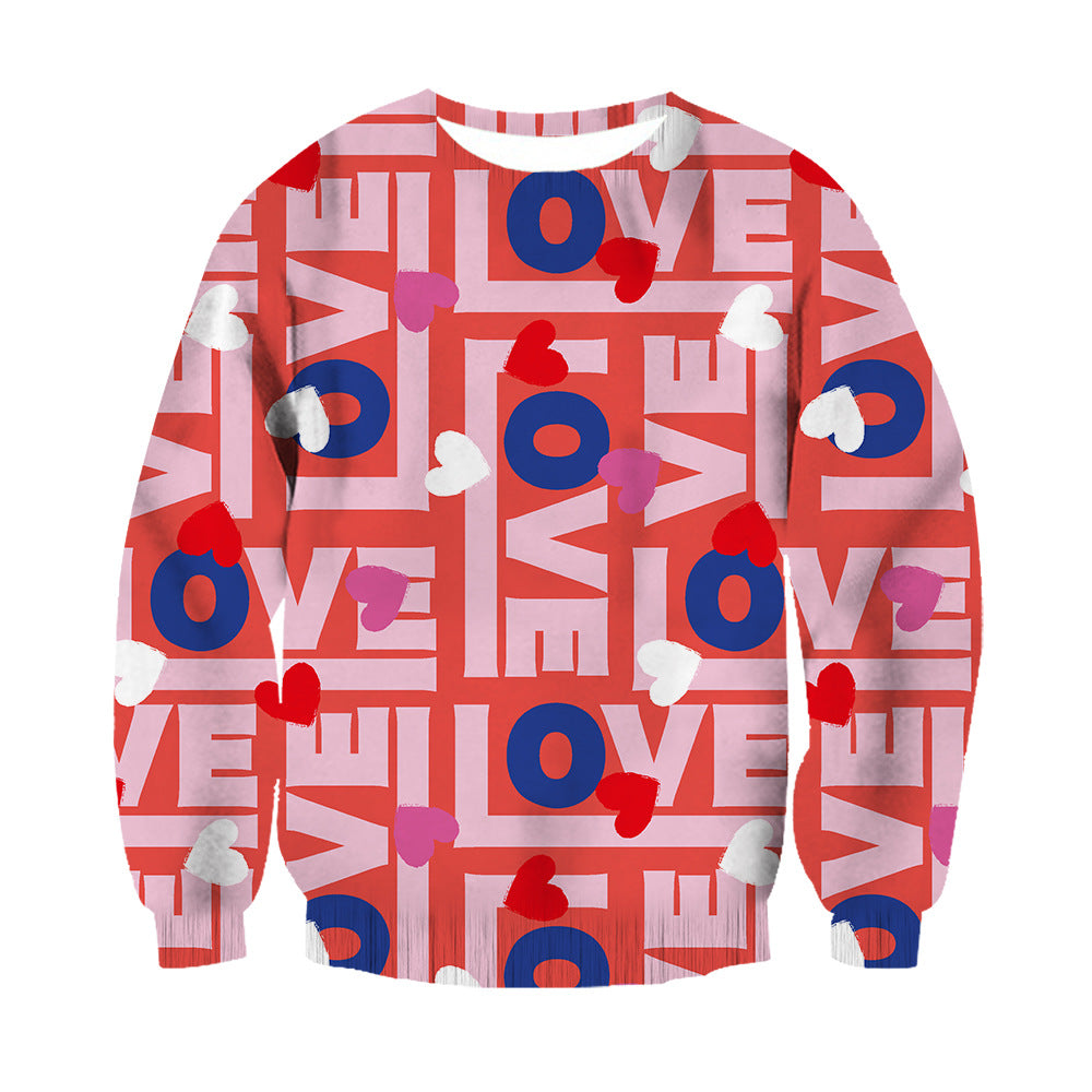 Unisex Heart Flowers Digital Printed Round Neck Sweatshirt