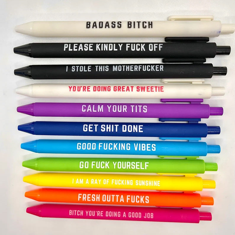 11Pcs Funny Text Pens Set Press Ballpoint Pen