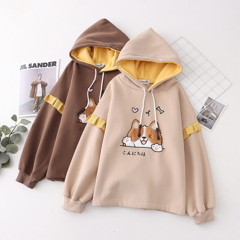 Kawaii Cartoon Dog Embroidered Velvet Hoodie