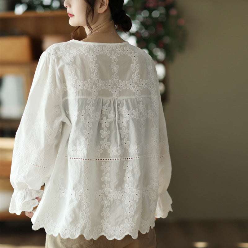 Floral Embroidery Women's Hollowed Out Lantern Sleeve Shirt