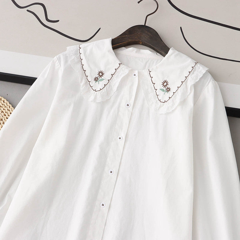 Women's Floral Sunflower Embroidered Doll Collar Shirt