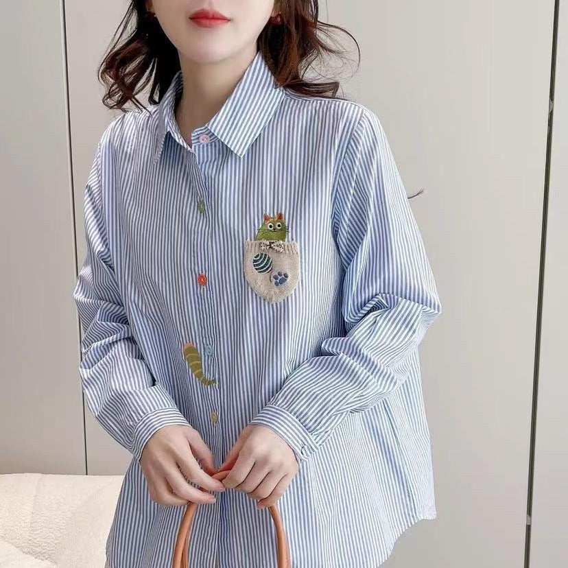 Women's Lapel Cat Tail Embroidered Loose Shirt