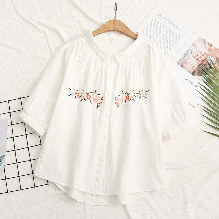 Japanese Style Flower Embroidery Lapel Short Sleeved Shirt