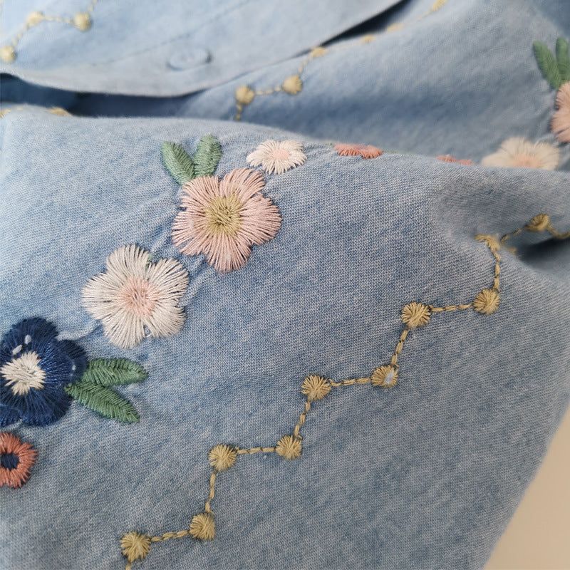 Japanese Style Flower Embroidery Washed Denim Long Sleeved Shirt