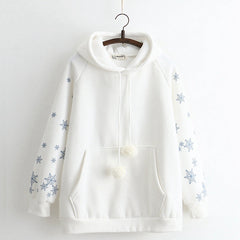 Japanese Style Snowflake Print Drawstring Warm Hoodie