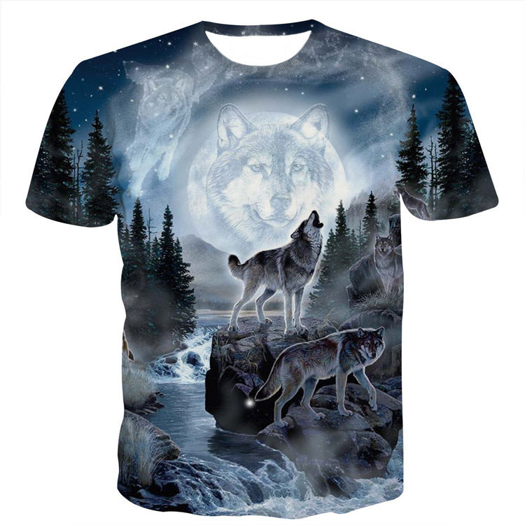 Casual Wolf Digital Print Summer Loose Short Sleeve T-shirt