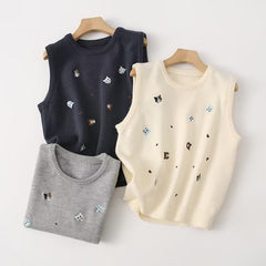 Cartoon Cat Embroidery Sleeveless Knitted Vest